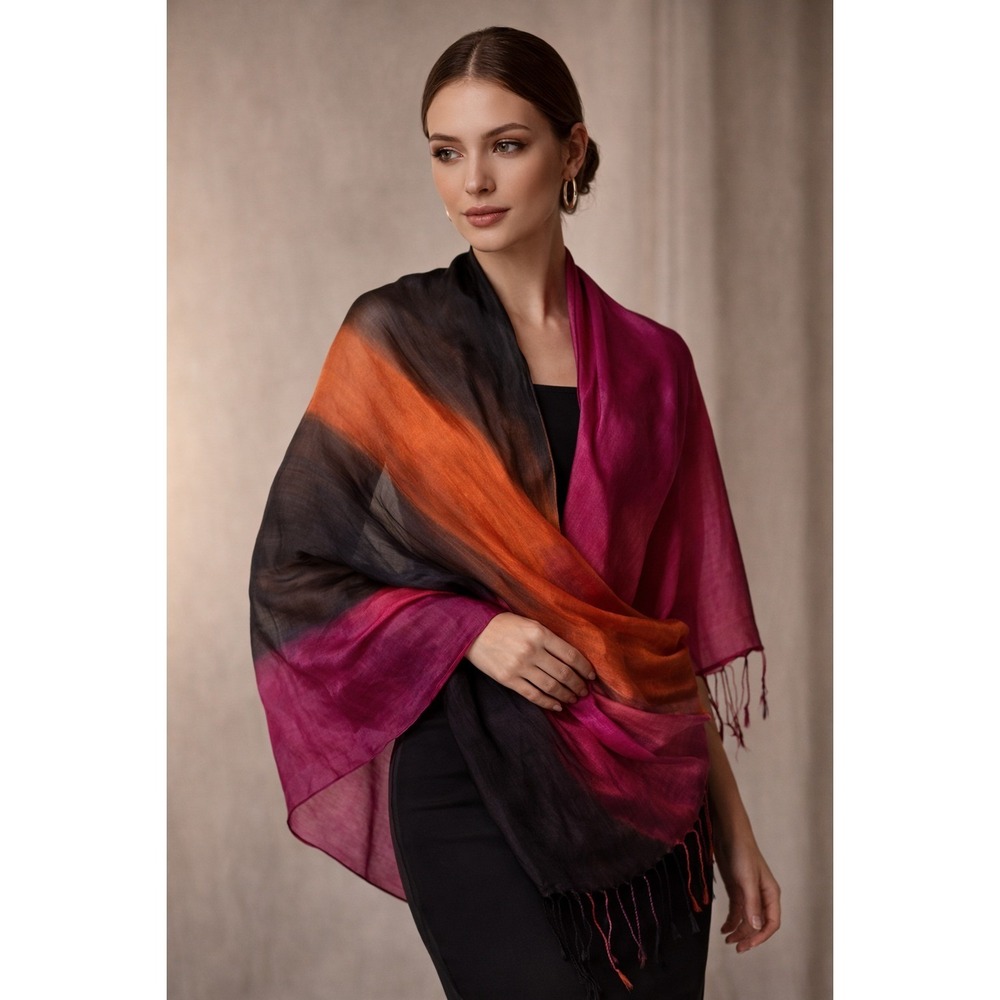 Vakko Silk Scarf Wrap Black Pink Orange Ombre Abstract Fringe 64x34 Shawl